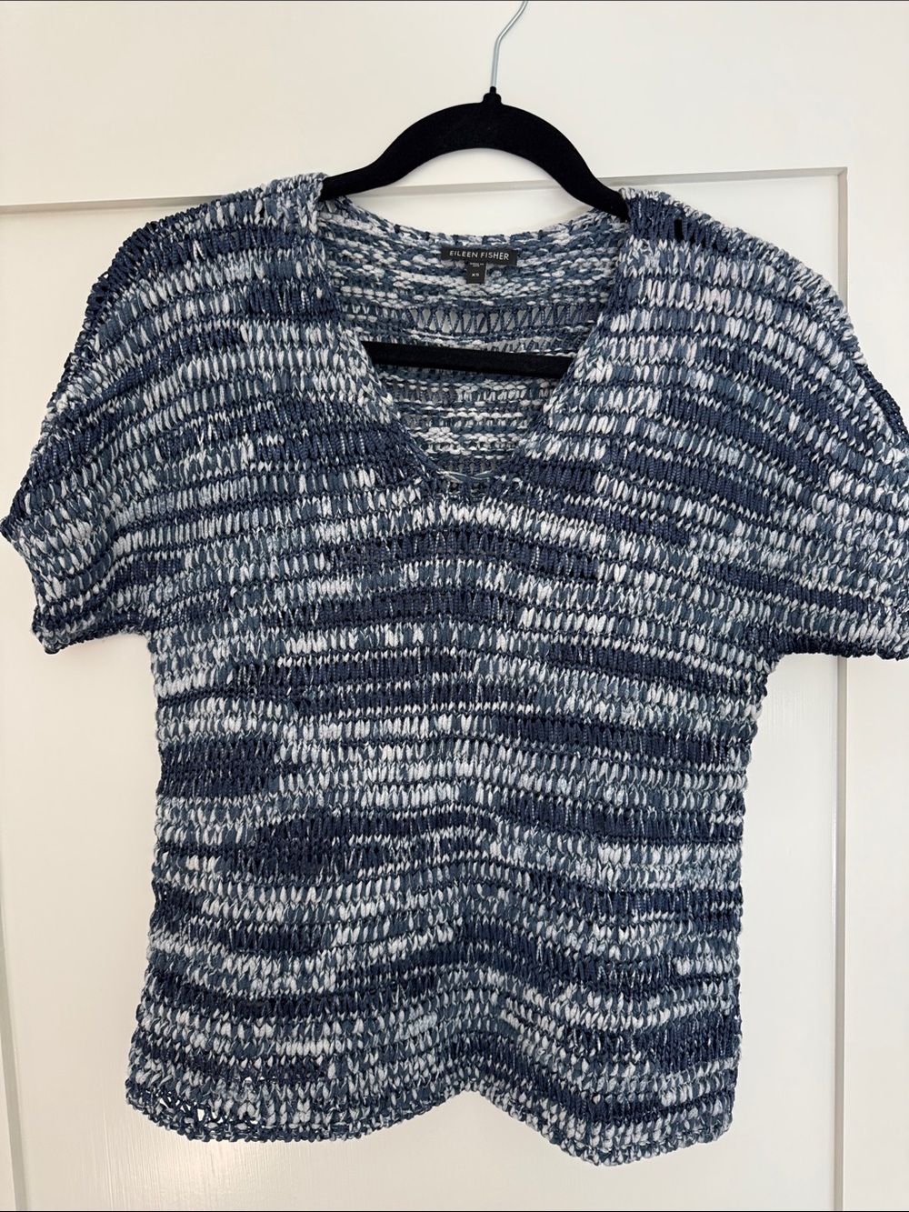Eileen Fisher Navy & White Marled V-Neck Short Sleeve Top